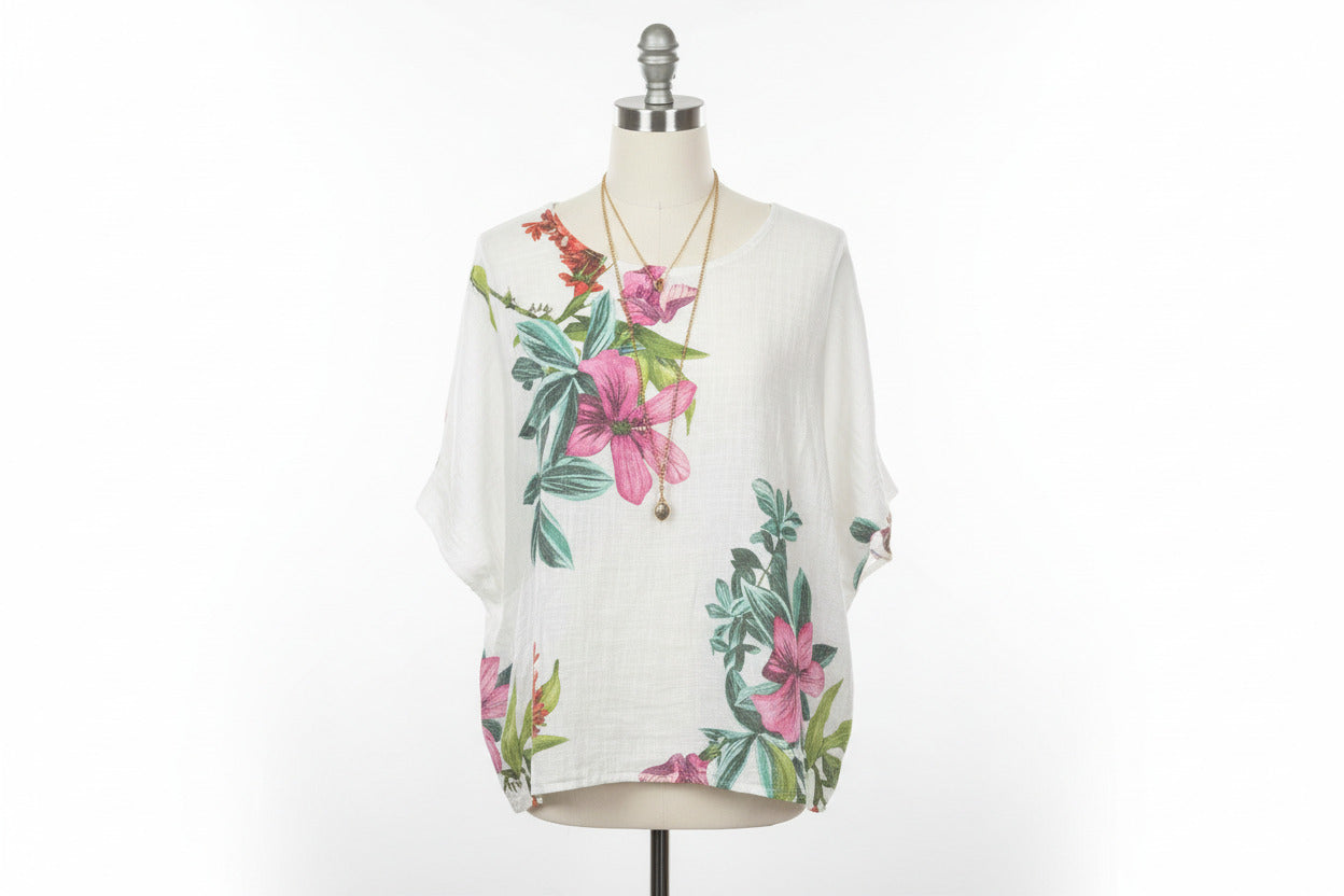 Floral Linen Top with Necklace Detail